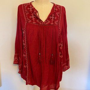 Knox Rose Red Peasant Tunic Blouse Embroidered M